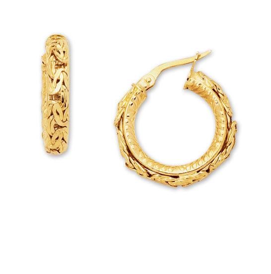 Polished Textured Byzantine Hoop Earrings Real Solid 14K Yellow Gold 7/ ...