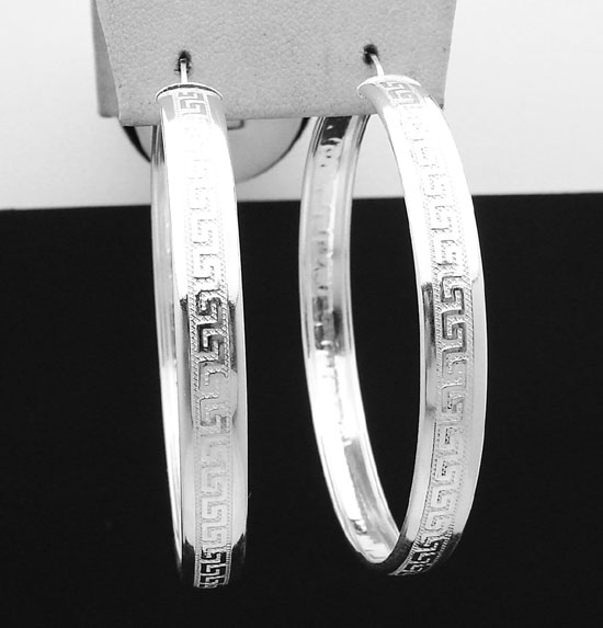 Large Greek Key Hoop Earrings 925 Sterling Silver 1.5  