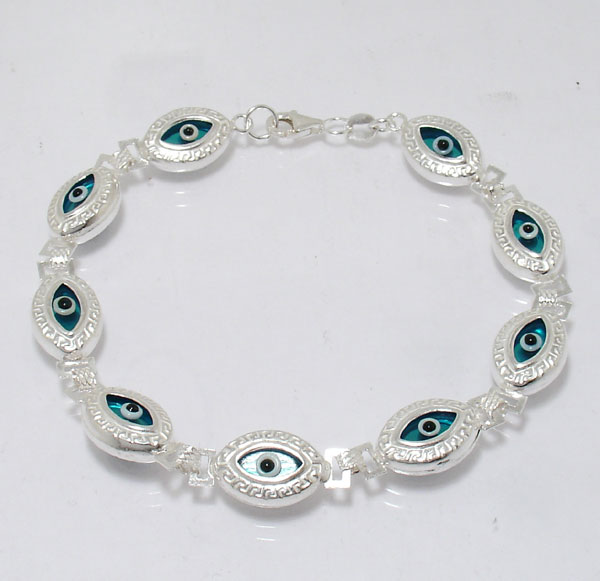 Evil Eye Greek Key Bracelet 925 Sterling Silver Blue  