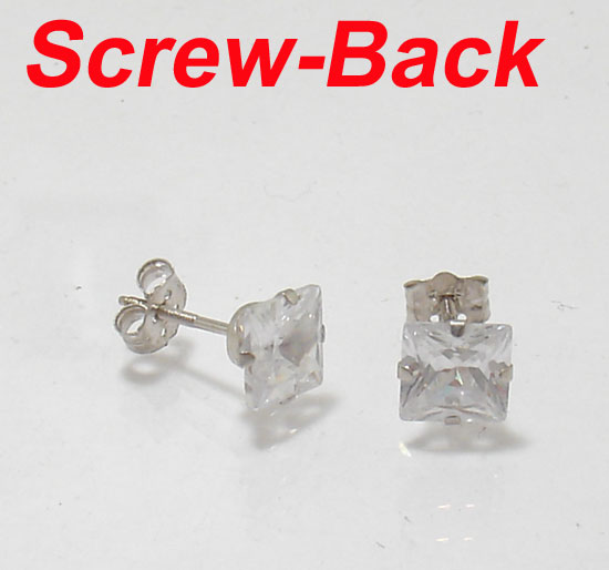 Princess CZ Stud Earrings Screwback 14K White Gold 6mm  