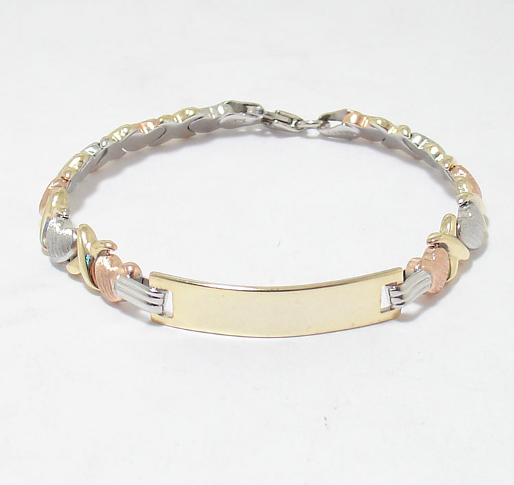   Kids Engravable Hearts & Kisses Bracelet 14K TriColor Gold Clad Silver