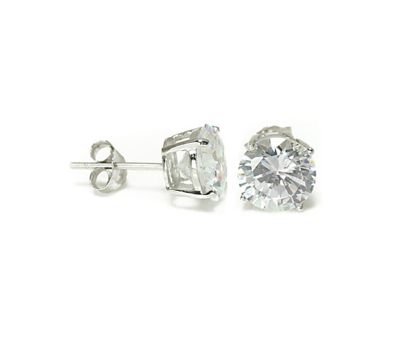 Solid Solitaire Round CZ Stud Earrings 14K White Gold  