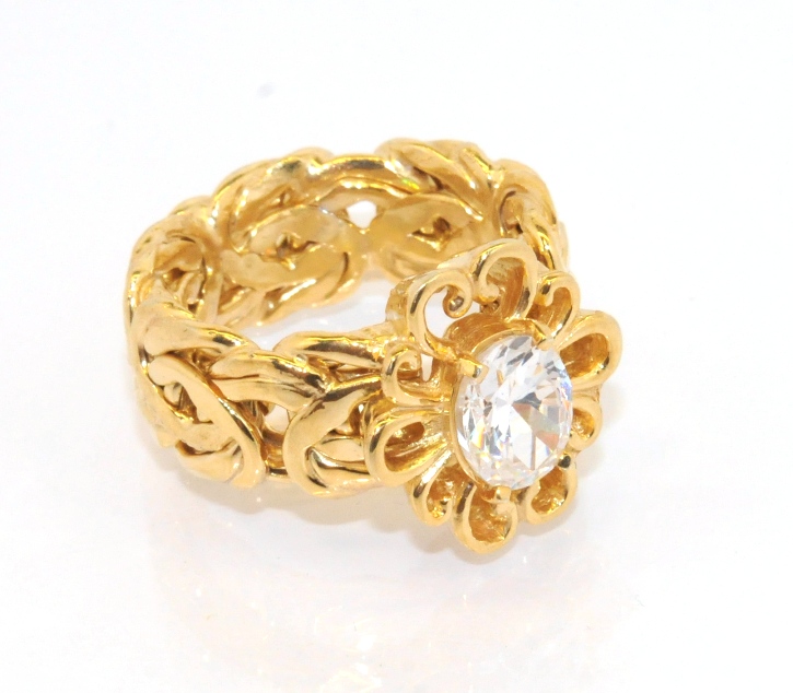 Byzantine Technibond Cubic Zirconia Ring 14K Yellow Gold Clad Silver 