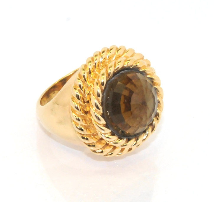 Technibond Smoky Topaz Domed Rope Ring 14K Yellow Gold Clad Silver 925 